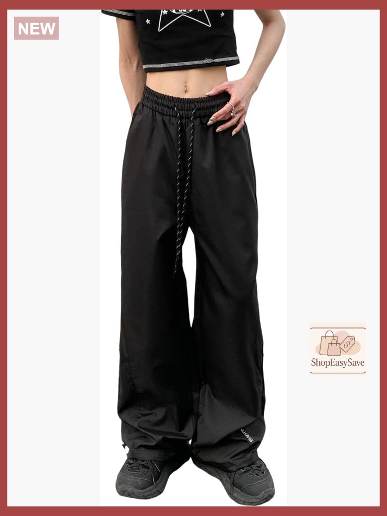 Wide Leg Track Pants Elastic Waist Y2k Parachute Cargo Casual Sporty